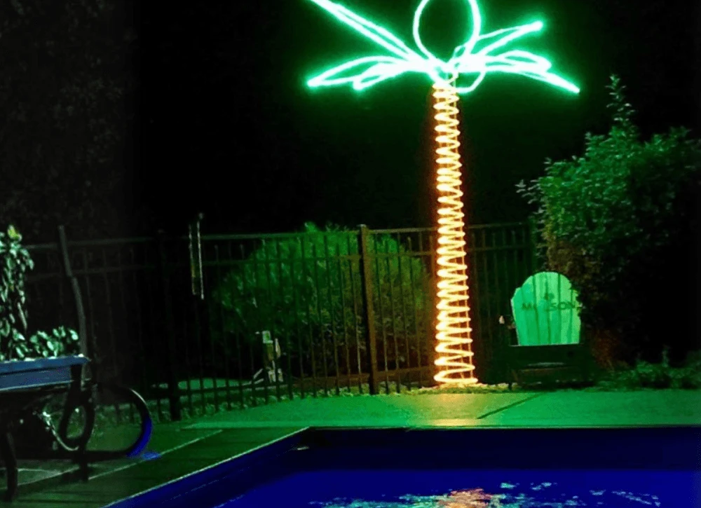 LED rope light wrapped around a palm tree beside a pool