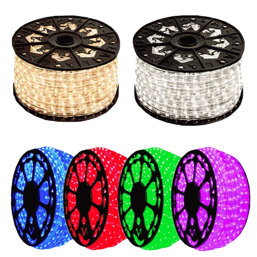 150 ft reels of warm white, cool white, blue, red, green and purple LED rope light