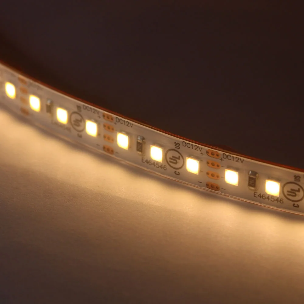 Close-up of warm white SMD2835 LED tape light lit