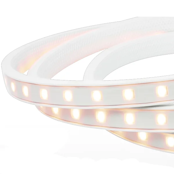Close-up of outdoor-rated 120V Hybrid 2 tape/rope light, warm white