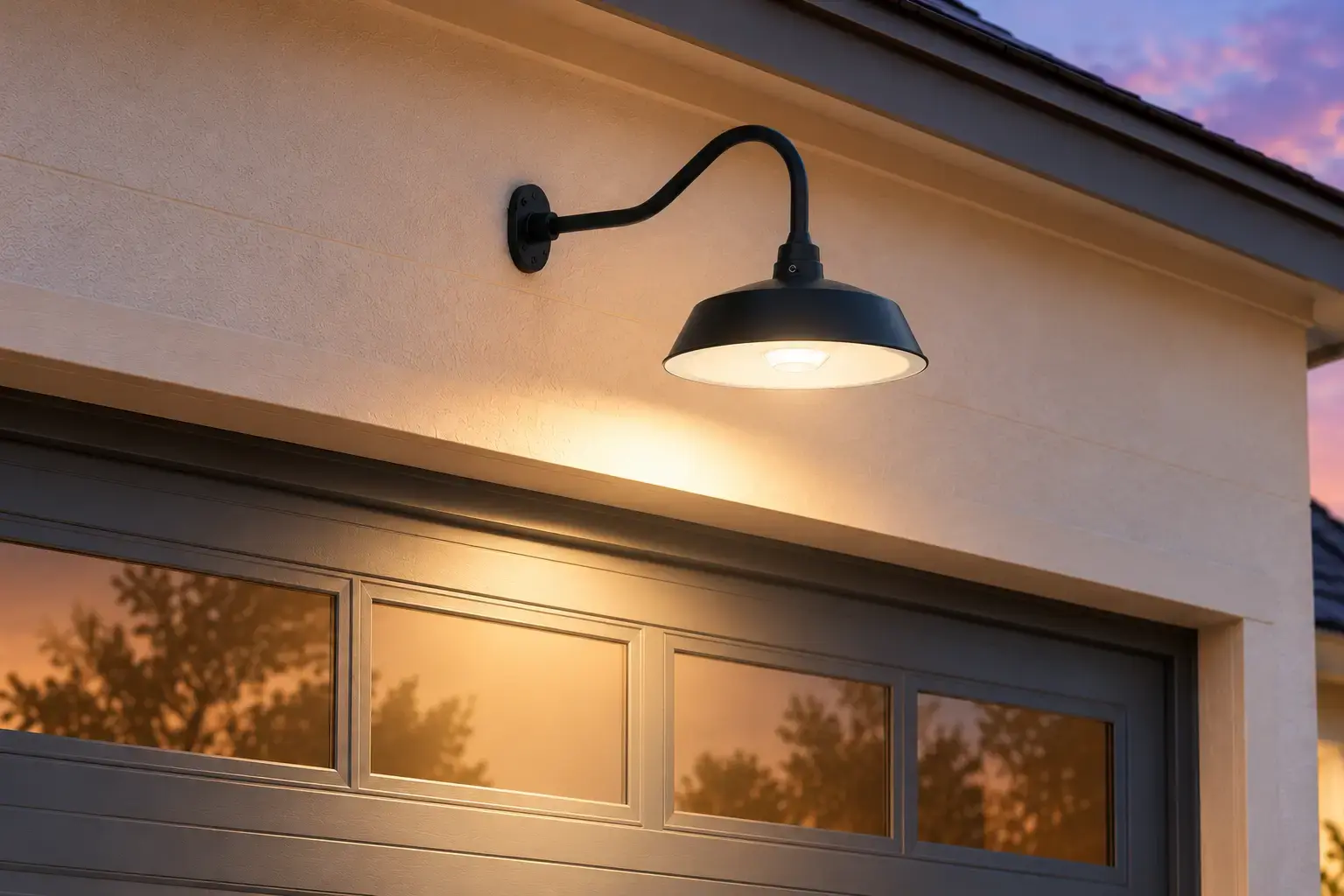 Vintage solar LED barn light glowing on a wooden wall at night