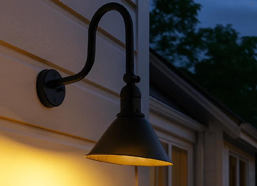Black gooseneck barn light on house siding at dusk