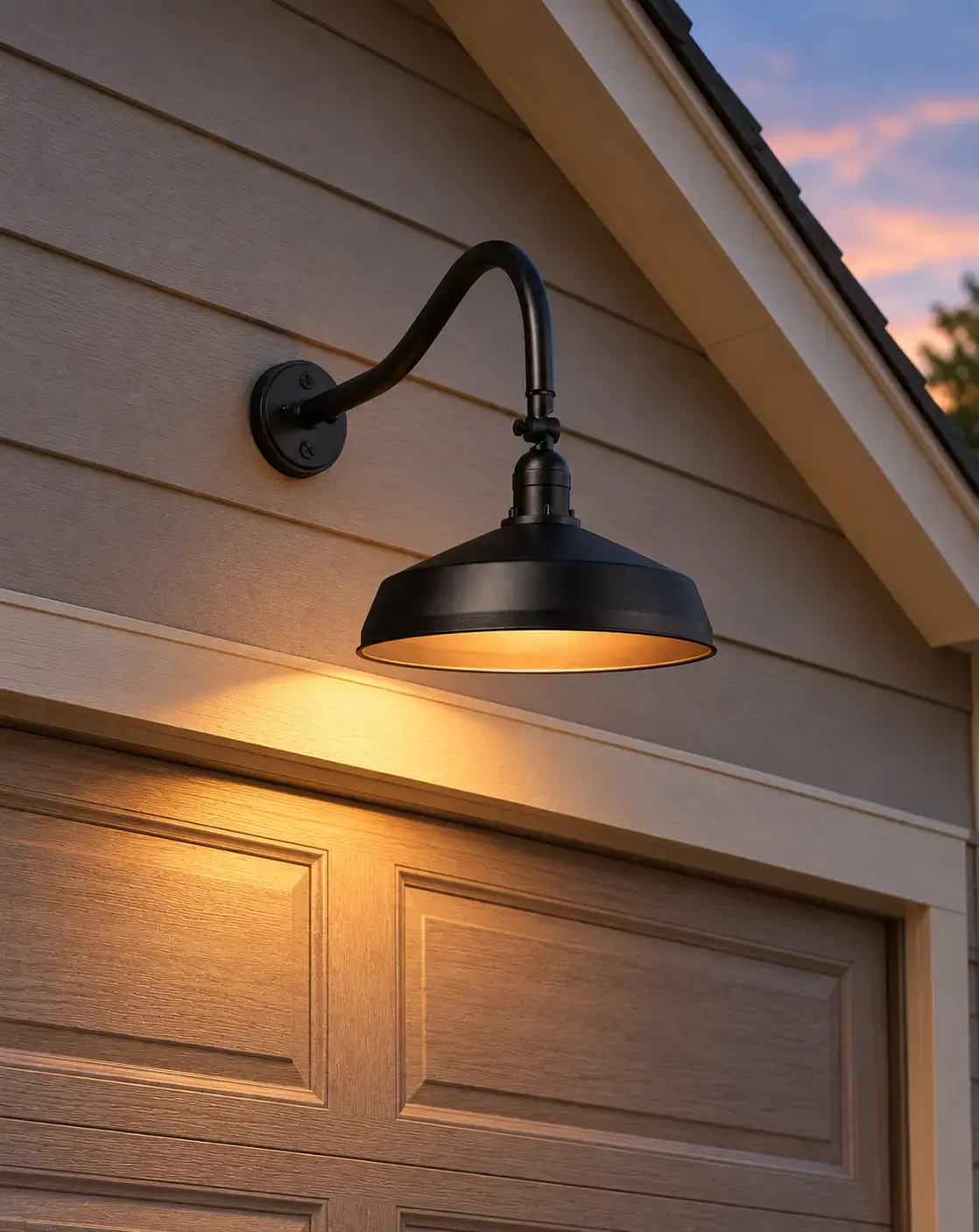 Gooseneck bullet light on a weathered wood wall beside a field
