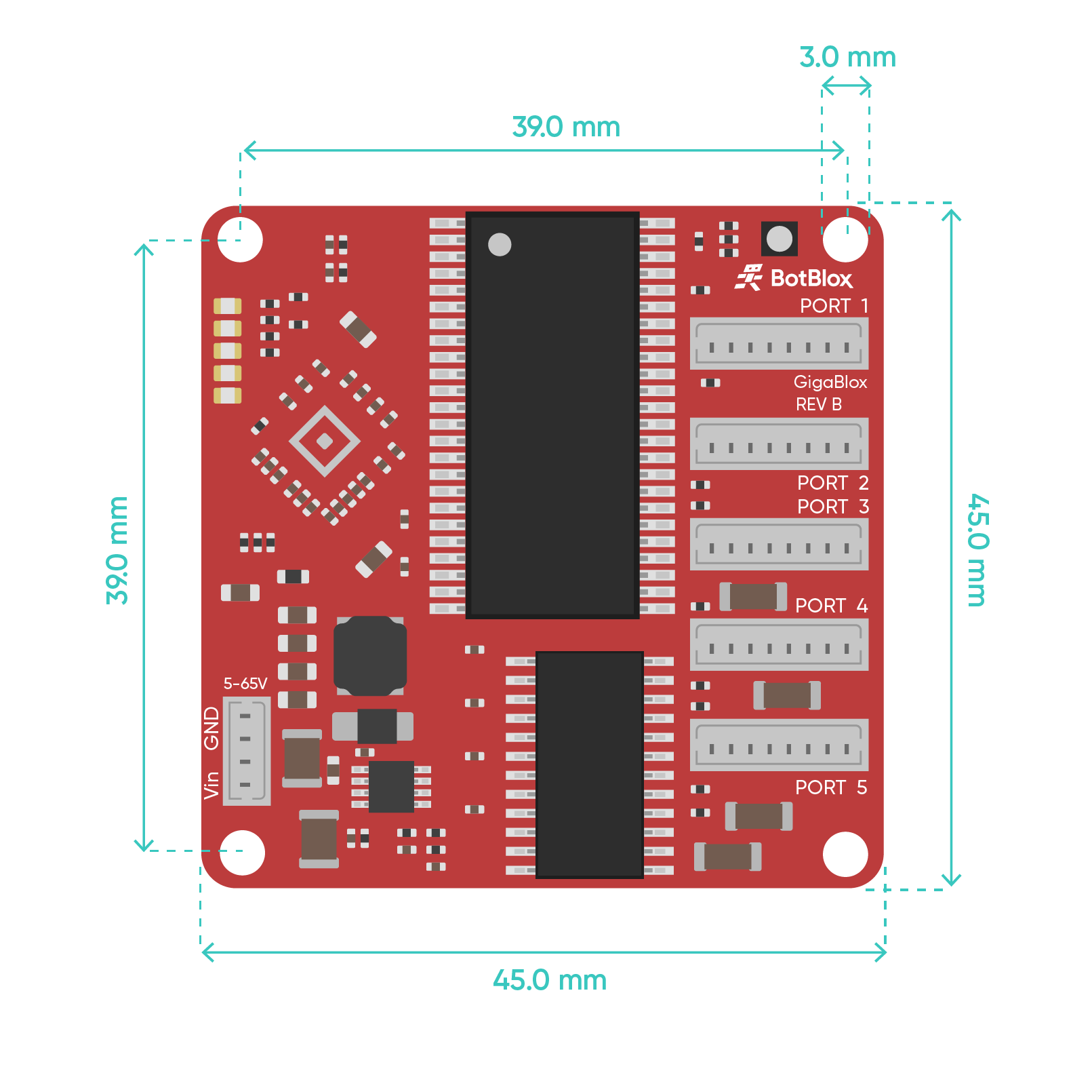 Dimensional drawing of GigaBlox, the five port small gigabit network switch