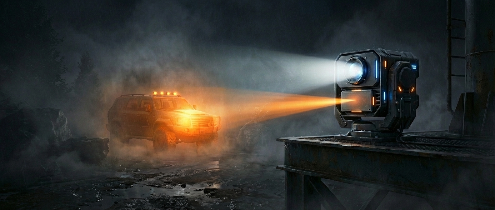 An image showing an optical camera fail but a mmWave radar succeed in detecting a car in a dark, foggy environment