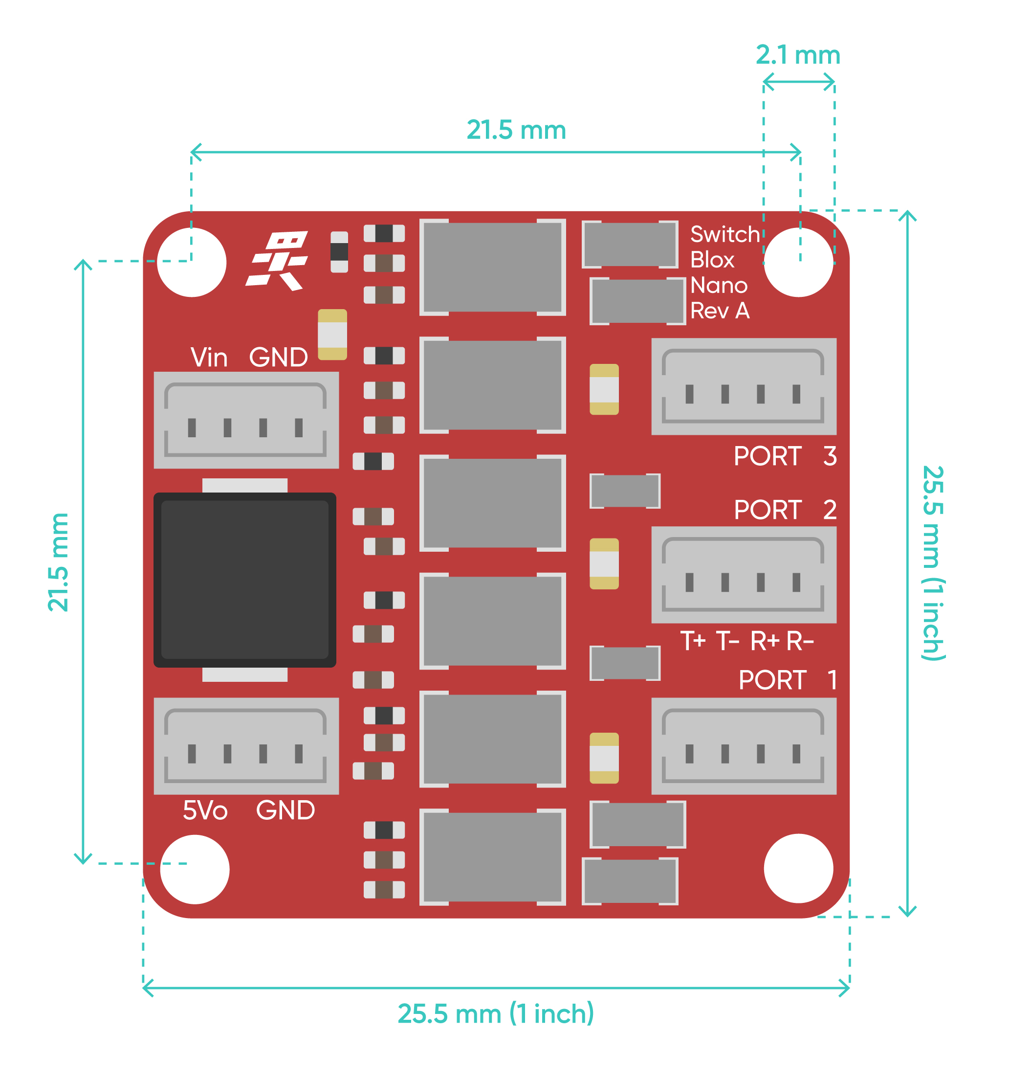 Tiny Ethernet Switch with dimensions 25.5mm square