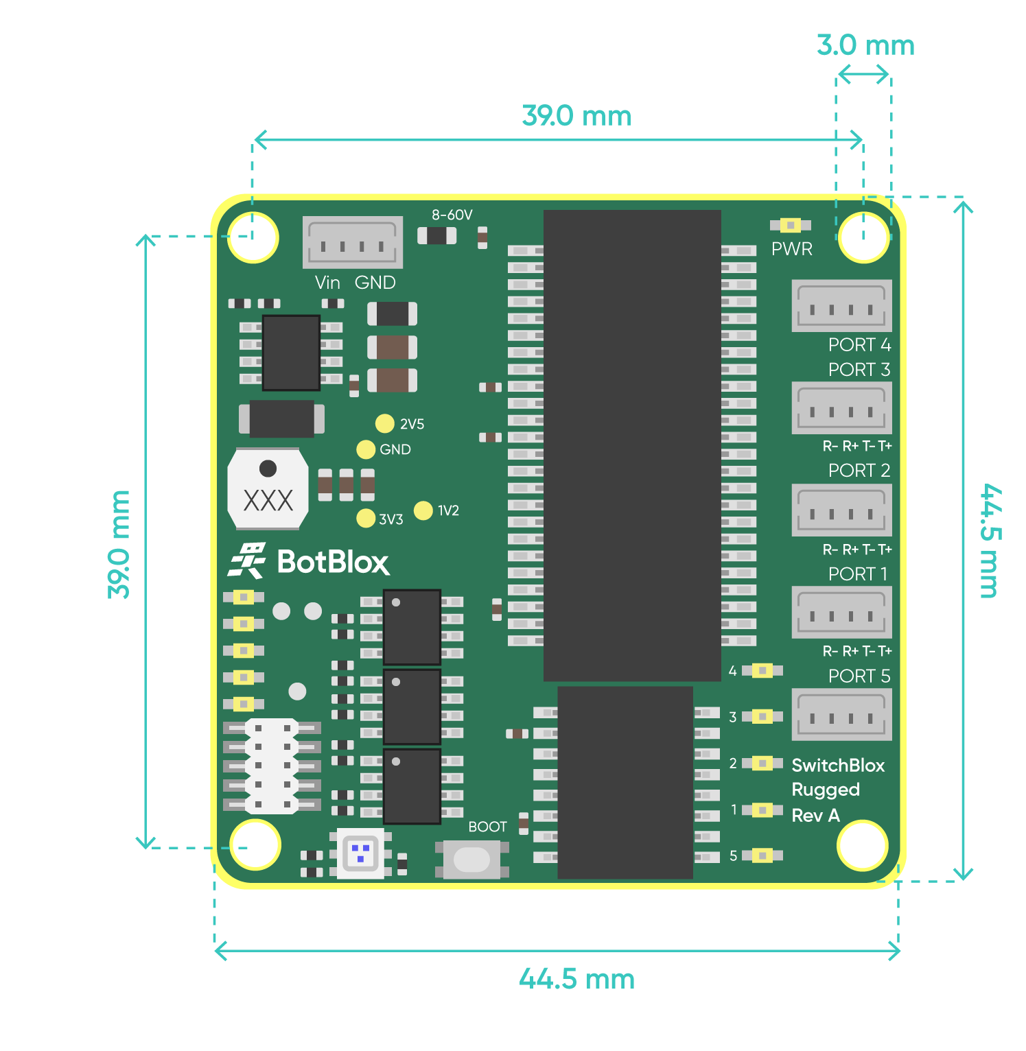 Dimensional drawing of small rugged ethernet showing 45.5mm dimensions