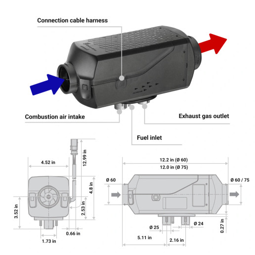 Espar Airtronic D2L AS3 12v Heater dimentions