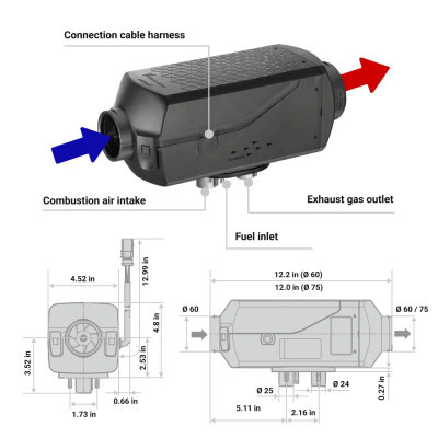 Espar Airtronic AS3 B2L Gasoline 12V Heater dimensions