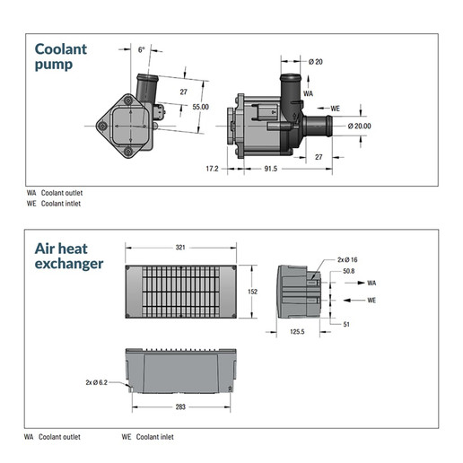 Coolant pump & Air heat exchanger dimentions