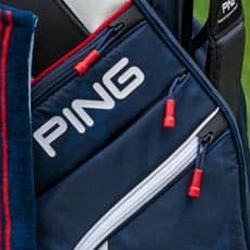 PING Pioneer pockets: Blue bag with red and white accent colors. White PING logo along top of the pocket.