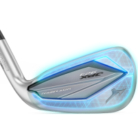 Mizuno JPX 923 Hot Metal Tech showing the V-Chassis highlighted in blue around the back of the iron head.