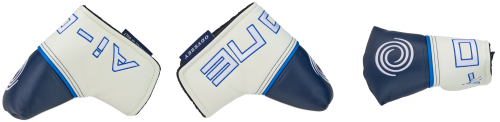 3 angles of a white, blue and black blade putter headcover with the Odyssey Golf logo and Ai-ONE workdmark.