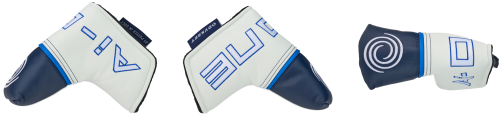 3 pictures of white, blue and black blade putter headcovers featuring the Odyssey Golf logo and Ai ONE workmark.