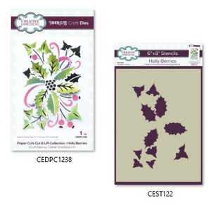 Creative Expressions Festive Paper Cuts Cut & Lift Collection & 6x8in Companion Stencil Bundle - Holly Berries