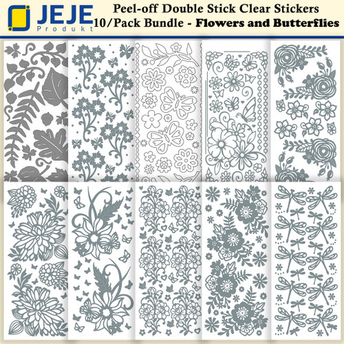 JEJE Produkt Peel-off Double Stick Clear Stickers 10/Pack Bundle - Flowers and Butterflies
