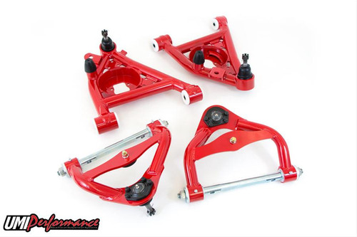Control Arm Style: Tubular
Cross Shaft Length (in): 14.210 in.
Cross Pin Material: Chromoly
Ball Joint Included: Yes
Adjustable: No
Hardware Included: No
Control Arm Material: Steel
Control Arm Finish: Red powdercoated
Bushings Included: Yes
Bushing Material: Delrin
Quantity: Sold as a kit.
Notes: Ball joints are 1/2 in. taller than standard height ball joints.