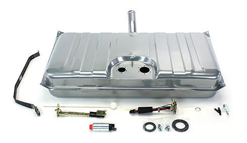 These conversion fuel tanks solve the problem of supplying your new LS engine with a steady flow of fuel. The tanks, made specifically for your car, feature a recessed area in the top for the fuel pump module and sending unit, so no floor modifications are needed for clearance. They have an innovative baffling system inside to control fuel slosh and keep the pump fed even at low fuel levels and extreme driving conditions. They are galvanized steel and powder coated silver for maximum durability. The kit includes a fuel sending unit designed to work with your factory style fuel gauge. The included fuel pump module features an in-tank wiring harness and three ports - one for the feed line, one for the return line, and one for the vent. The kit has two available Walbro fuel pump options. The standard 255 LPH pump or the 400 LPH pump for supercharged or 550+hp applications. The kit also includes tank straps, vent filter, gaskets, and hardware. They look like original equipment from under the car and are absolutely the best way to go when converting to EFI.