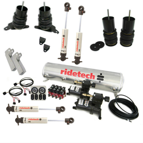 Slam your classic with RideTech 1965-70 Impala Level 1 air suspension systems. Air suspension offers instant height adjustment at the push of a button, and RideTech Level 1 systems offer not only a way to achieve the perfect stance with improved ride quality and handling, but also a way to stay within your budget. 
RideTech Level 1 air suspension systems feature:
* Front CoolRide with HQ Series shocks
* Rear CoolRide with HQ Series shocks
* RidePro 5 gallon analog compressor system 
* Front and rear CoolRide systems include application-specific brackets that allow the air springs to be bolted in place of the coil springs, with no modifications
* HQ Series front and rear aluminum monotube shocks are rebound adjustable allowing them to be tuned to the ride quality and handling you want. 
* Compressor system features the 4-way RidePro valves, dual Thomas compressors, analog gauge panel, wiring harness with weather-tight connectors, and all necessary air lines and fittings 

Free Shipping