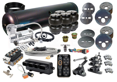 (4) EASYSTREET D2500 DOMINATOR BAG
(4) 4.5" x 4" UPPER BAG CUP
(2) 4.5" LOWER BAG PLATE
(2) 5.5" LOWER BAG PLATE
(1) 5-GALLON 6-PORT TANK (BLACK OR SILVER)
(2) VIAIR 380C COMPRESSOR
(1) ACCUAIR E-LEVEL CONTROLLER WITH *NICKEL* TOUCHPAD
(1) ACCUAIR SOLENOID VALVE
(1) 50' OF 3/8" NYLON REINFORCED D.O.T. APPROVED AIR LINE
(6) 3/8" LINE x 1/2" PIPE MALE PUSH CONNECT ELBOW
(1) 1/4" x 1/8" REDUCING BUSHING
(1) 1/4" HEX PLUG
(1) 1/4" PIPE DRAIN COCK