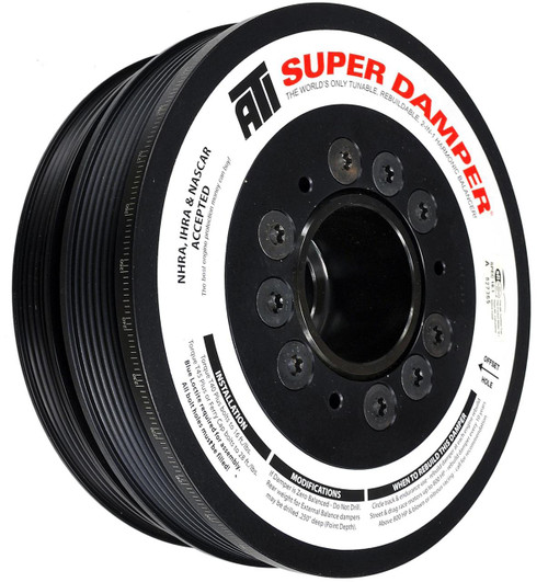 ATI Super Damper Serpentine Series harmonic balancers are patented and feature grooves for serpentine belts machined into the outer damper shell. The dampers come with six outer grooves for standard OEM drive systems—but eight and 10 grooves are available for supercharger or turbo applications. Serpentine dampers are offered in a variety of diameters, and crank hubs may be fitted with a 6-groove serpentine pulley to drive external oil pumps or vehicle accessories. The Serpentine Series Super Dampers fit all ATI GM-front crank hubs and can be adapted to many engine combinations, providing maximum flexibility. They're available in steel or lightweight, hardcoated aluminum. 

Features and benefits:

* Eliminates torsional crankshaft vibrations
* Exceeds SFI 18.1 specs
* Black zinc chromate finished
* Tunable, rebuildable, and extremely efficient at all rpms
* Laser-engraved 360 degree timing marks