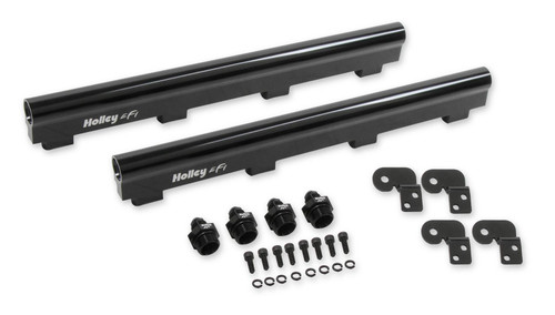 Fuel Rail Material: Billet aluminum 
Fuel Rail Finish: Black anodized 
Inlet Size: 3/4 in. -16 O-ring 
Fittings Included: Yes 
Hardware Included: Yes 
Notes: Kit is designed to work with factory LS7 intake and injectors. Includes four male -6 AN to Male 3/4 in-16 O-Ring fittings. 
These machined aluminum EFI fuel rails are capable of handling 1,100HP+ engines. They feature a 1/2 in. diameter inner bore to decrease fuel pressure drop and help cancel out back pulses.