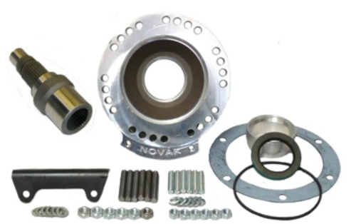 The Novak 6L80 to Jeep transfer cases adapter is compact at only 3-1/4" long for a combined transmission and adapter length of 26-1/2" (equivalent to a ~19-1/2" manual transmission). The adapter itself is machined of a 6061T6 billet aluminum alloy, featuring thick flanges and a heavy cross-section.

Advanced computer modeling methods were integral to the design of our 6L83 adapter assembly. We were able to push the bounds of product and process well beyond the status quo.

Our adapter is drilled for multiple clocking locations from near-factory (20 degrees down) to near-flat (3 degrees down). However, pan clearances and front axle width may inhibit the flatter options.

This transfer case adapter's design is based on Novak's Universal Series adapters that feature a modular mounting and support system. Included with the adapter kit is a steel base that is a highly configurable mounting foot.

Kit Includes: Billet adapter housing, transfer case input, transfer case to adapter gasket, fastening hardware, steel mounting base, and instructions.

There are two versions of the 6L80E transmission output shaft that will work with the Novak adapter. The stock 4WD version will work without modification to the transmission. The stock 2wd truck version will work with several modifications done externally. Other versions require the output shaft of the transmission be replaced and the rear of the unit sealed. All years of the 6L80E are compatible with the kits. 

The 4wd version 6L80E is ready to bolt up to our 6L81 adapter kit. Disassembly of the transmission is unnecessary as the 32 spline 4wd style output shaft which protrudes about 3" from the rear face of the 4L80E transmission main case is correct for this kit version. Disassembly of the transfer case is necessary to install a new matching 32 spline input gear.

The input shaft installation is a 1-2 hour bench job and usually includes either a simple gasket and seal replacement or preferably a full rebuild of a tired D300. Bearings and pre-load are involved with this job. It is not requisite that you rebuild your Dana 300 to successfully complete the conversion. However, it is certainly worth consideration especially if your transfer case leaks or has many years of service. 

The input gear installation is a 2-3 hour bench job and usually includes either a simple gasket and seal replacement or preferably a full rebuild of a tired transfer case, especially a chain replacement. It is not requisite that you rebuild your transfer case to successfully complete the conversion. However, it is certainly worth consideration especially if your transfer case leaks or has many years of service. You will be going all the way into the front of the transfer case to install in the input gear. 

 

