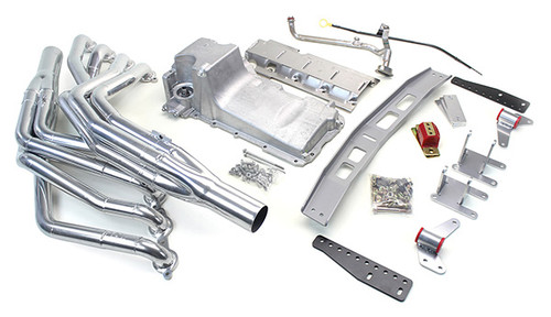 This swap kit is for the 1967-1969 Camaros and Firebirds. It was designed around our GM LH8 oil pan using our Sure-Fit crossmember system. It bolts into existing holes in the subframe and was designed to give you the most options for front accessories drives. Unlike most LS swap parts on the market this kit replaces the frame brackets in addition to the mounts so you'll have clean mounting of your engine and not a mix of parts that are weak and don't work together properly. Unlike others, our kit positions the engine so there is no steering interference and maintains the proper drive-line angle for smooth highway cruising. It provides clearance for the factory AC box, power brake booster, and aftermarket suspension components.  We offer a complete line of  headers that give unparalleled performance and ground clearance with sizes that are matched to your engine combo. These combined parts offer an easy, strong, and clean installation of your LS engine.