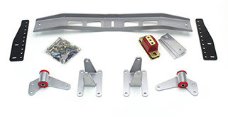 Mount and Crossmember Kit
Includes motor mounts, frame brackets, transmission crossmember, transmission mount, and hardware.  Manufactured from the highest grade American made steel. They're laser cut, precision bent, powder coated and feature polyurethane bushings.  Comes with a lifetime free replacement warranty on the bushings. 