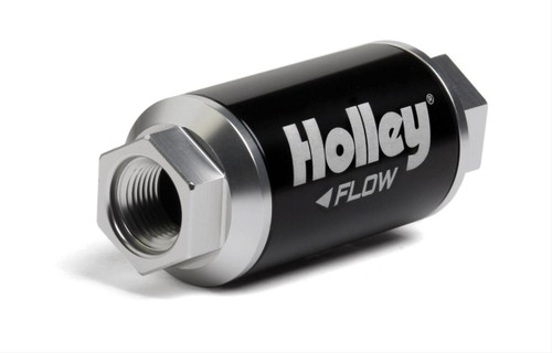 These Holley HP billet fuel filters are precision CNC-machined from 6061-T6 billet aluminum for maximum strength and durability. They feature a black bright dip anodized body and clear bright dip anodized ends for superior corrosion resistance and good looks. 

-8 AN O-ring Inlet, Female, -8 AN O-ring Inlet Outlet, Female. 10 Micron filter element included.

Filter Element Material:Stainless steel mesh

Filter Housing Material:Billet aluminum

Filter Housing Finish:Black/Clear anodized

Overall Length:5", Outside Diameter: 2"
