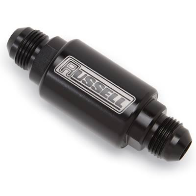 These great looking fuel filters were designed for today's high-volume fuel systems. They're specifically made for carbureted or injected engines making up to 1,000 HP. The Russell Competition fuel filters are offered in -6 and -8 male outlets, which help them flow up to 130 gph. Russell incorporated a disc-type element, which filters down to 40 microns and can be cleaned or replaced. Manufactured from billet aluminum with a polished aluminum, blue anodized, or black anodized finish, the Russell Competition fuel filters make a great addition to your fuel system.

Inlet Size:-6 AN
Inlet Attachment:Male threads
Outlet Quantity:One
Outlet Size:-8 AN
Outlet Attachment:Male threads
Filter Element Included:Yes
Smallest Particle Filtered:40 microns
Filter Element Material:Stainless steel mesh
Filter Housing Material:Aluminum
Filter Housing Finish:Black anodized
Overall Length:3"
Outside Diameter:1.25"
  