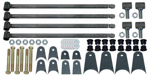 (4) 1.50” TIG WELDED LINK BARS, 32” LONG (WHICH CAN BE CUT DOWN)
(4) WELD-IN THREADED INSERTS
(4) ADJUSTABLE THREADED ROD ENDS (TIG WELDED)
(8) 1.5” URETHANE BUSHING SETS
(8) BUSHING SLEEVES
(6) PAIRS OF MOUNTING TABS
(1) HARDWARE PACK
(6) 9/16 Bolts
(6) Locknuts
(12) Washers