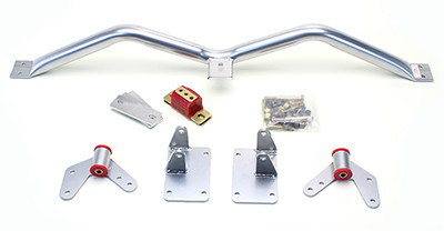 Mount and Crossmember Kit
Includes motor mounts, frame brackets, transmission crossmember, transmission mount, and hardware.  Manufactured from the highest grade American made steel. They're laser cut, precision bent, powder coated and feature polyurethane bushings.  Comes with a lifetime free replacement warranty on the bushings. 