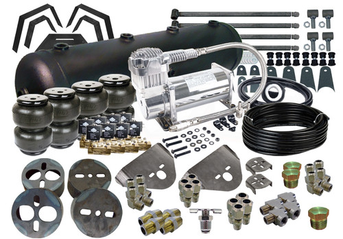 (4) EASYSTREET D2500 DOMINATOR BAG
(1) 82-03 CHEVY S-10/SONOMA/BLAZER/JIMMY FRONT BRACKETS
(1) UNIVERSAL REAR OVER AXLE BRACKETS
(1) 8-PIECE NOTCH
(1) UNIVERSAL 1.25" TRIANGULATED 4-LINK KIT
(2) VIAIR 380C COMPRESSORS
(1) 5-GALLON 9-PORT TANK (BLACK OR SILVER)
(1) 50' OF 3/8" NYLON D.O.T. AIR LINE
(8) DANZ 250 PSI, 3/8" NPT VALVE WITH 15mm ORIFICE
(4) 3/8" STREET TEE
(4) 3/8" HEX NIPPLE
(4) 3/8" LINE x 3/8" PIPE MALE COMPRESSION STRAIGHT
(4) 3/8" LINE x 3/8" PIPE MALE COMPRESSION ELBOW
(4) 3/8" LINE x 1/2" PIPE MALE COMPRESSION ELBOW
(4) 3/8" LINE x 1/2" PIPE MALE COMPRESSION STRAIGHT
(1) 1/4" HEX PLUG
(2) 1/2" HEX PLUG
(1) 1/4" PIPE DRAIN COCK
(1) 7 ROCKER SWITCH CONTROLLER (BLACK)
(1) 200psi PRESSURE SWITCH
(8) VALVE MOUNTING BRACKETS
(1) COMPRESSOR MOUNTING BRACKET
(1) 1/4" WATER TRAP (BLACK OR SILVER)
(1) 1/4" HEX NIPPLE