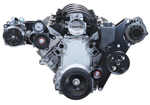 These front accessory drives are the perfect fit for any LS swap. They’re designed to use the original equipment balancer, water pump, alternator, pulleys and idlers for ease of getting replacement parts.

The brackets are machined aluminum and powder coated black for long lasting good looks.

The alternator and power steering bracket kit is available with or without a new power steering pump and reservoir, so you have an option to use an existing f-body pump. Short length for Corvette, CTS-V, and Pontiac G8.
