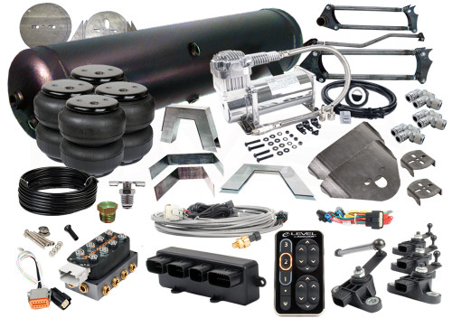 99-06 SILVERADO/SIERRA TRUCKS ACCUAIR e-LEVEL AUTO LEVELING SYSTEM

(4) EASYSTREET D2600 DOMINATOR BAG
(1) 99-06 GM FRONT BRACKETS
(1) UNIVERSAL REAR OVER AXLE BRACKETS
(1) 99-06 GM 8-PIECE NOTCH KIT
(1) PARALLEL 4-LINK WITH PAN-HARD BAR
(1) 5-GALLON 6-PORT TANK (BLACK OR SILVER)
(1) ACCUAIR E-LEVEL CONTROLLER WITH *NICKEL* TOUCHPAD
(1) ACCUAIR SOLENOID VALVE
(1) 50' OF 3/8" NYLON REINFORCED D.O.T. APPROVED AIR LINE
(1) VIAIR 380C COMPRESSOR
(6) 3/8" LINE x 1/2" PIPE MALE PUSH CONNECT ELBOW
(1) 1/4" HEX PLUG
(1) 1/4" PIPE DRAIN COCK

