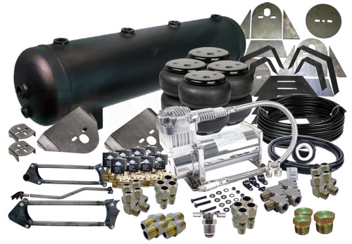 99-06 SILVERADO/SIERRA TRUCKS FRONT, BACK, SIDE TO SIDE SETUP ELECTRIC VALVES

(4) EASYSTREET D2600 DOMINATOR BAG
(1) 99-06 GM FRONT BRACKETS
(1) UNIVERSAL REAR OVER AXLE BRACKETS
(1) 8-PIECE NOTCH
(1) PARALLEL 4-LINK WITH PAN-HARD BAR
(1) VIAIR 380C COMPRESSOR
(1) 5-GALLON 9-PORT TANK (BLACK OR SILVER)
(1) 50' OF 3/8" NYLON D.O.T. AIR LINE
(8) AVS 250 PSI, 3/8" NPT VALVE WITH 15mm ORIFICE
(4) 3/8" STREET TEE
(4) 3/8" HEX NIPPLE
(4) 3/8" LINE x 3/8" PIPE MALE COMPRESSION STRAIGHT
(4) 3/8" LINE x 3/8" PIPE MALE COMPRESSION ELBOW
(4) 3/8" LINE x 1/2" PIPE MALE COMPRESSION ELBOW
(4) 3/8" LINE x 1/2" PIPE MALE COMPRESSION STRAIGHT
(1) 1/4" HEX PLUG
(2) 1/2" HEX PLUG
(1) 1/4" PIPE DRAIN COCK
