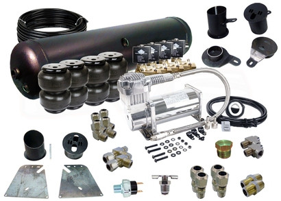 58-64 CHEVY IMPALA FRONT TO BACK SETUP ELECTRIC VALVES

(4) EASYSTREET D2500 DOMINATOR BAG
(1) 58-64 IMPALA BOLT-ON FRONT UPPER AND LOWER BRACKETS
(1) 58-64 IMPALA BOLT-ON REAR UPPER AND LOWER BRACKETS
(1) VIAIR 444C COMPRESSOR
(1) 5-GALLON 6-PORT TANK (BLACK OR SILVER)
(4) AVS 250 PSI, 3/8" NPT VALVE WITH 15mm ORIFICE
(1) 35' OF 3/8" NYLON D.O.T. AIR LINE
(1) 200psi PRESSURE SWITCH
(2) 3/8" STREET TEE
(2) 3/8" HEX NIPPLE
(2) 3/8" LINE x 3/8" PIPE MALE COMPRESSION BRANCH TEE
(2) 3/8" LINE x 3/8" PIPE MALE COMPRESSION STRAIGHT
(2) 3/8" LINE x 1/2" PIPE MALE COMPRESSION STRAIGHT
(4) 3/8" LINE x 1/2" PIPE MALE COMPRESSION ELBOW
(1) 1/4" PIPE DRAIN COCK
(1) 1/4" HEX PLUG