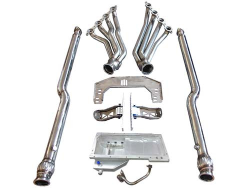 Come on LSx fans! No more wait! Now your JDM spirit can accomodate the need for V8 power and the ultimate in reliability! Get your 350Z Swap going with our LS Swap Kit!

Included in the Kit:
Heavy Duty 7 Gauge (0.18") Thick Stainless Steel Panel, with Brace Offers Strong Support
Adjustable Slotted Bolt Holes
Polyurethane Bushing Mounts
Motor Mount is Billet Stainless Steel, Excellent Strength




Oil Pan:
Perfect fitment, keeps factory crossmember and sway bar placement.
Built-in baffles and trap doors for high performance and racing
1/2" Thick aluminum CNC cut flange
Two -8AN fittings for external oil filter
Holds 6 QT of Oil (5.5 QT for Oil Pan, 1/2 for Remote Oil Filter)
Use AN Fitting and Braided Line.
Use Factory LS Dipstick (Not Included)

Headers (INCLUDED):

Long Runners for Best Performance Gain
1.65" OD Stainless Steel Mandrel Bent Tube Runner
3" Vband Ends for Easy Adaptation of the Rest Exhaust System
Downpipe (or Y Pipe):
Dual 3" Stainless Downpipe
Fits Stock Catback Y Pipe (Has 2.5" Two Hole Flange)
Note: Rest of the Catback Are NOT Included.