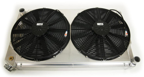 Add the complete package to your ride with the Griffin performance brand backing it! These high radiator/cooling fan combos deliver cooling capability for extreme horsepower mixed with modern styling, and made here in America! Griffin brings you the complete package with lightweight aluminum radiators that are constructed with 1.25 inch induction welded MegaCool tubing, high performance electric fans, hand-formed aluminum shrouds, wiring harnesses, and radiator caps for a complete, no-hassle install. Stop trying to piece together your cooling system, and get the proven system that works! Griffin! Ask for it by name!

Aluminum crossflow radiator with inlet on upper passenger side, outlet on lower passenger side. Measures 22.5 W x 19 H x 2.68 D. Includes transmission cooler, dual 14" electric fans that flow 2,596 CFM and have a black shroud. Perfect for your LS powered 67-69 F-Body, 64-67 Chevelle.