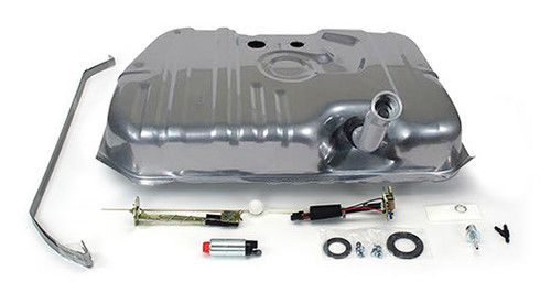 These conversion fuel tanks solve the problem of supplying your new LS engine with a steady flow of fuel. The tanks, made specifically for your car, feature a recessed area in the top for the fuel pump module and sending unit, so no floor modifications are needed for clearance.

They have an innovative baffling system inside to control fuel slosh and keep the pump fed even at low fuel levels and extreme driving conditions.

They are galvanized steel and powder coated silver for maximum durability. The kit includes a fuel sending unit designed to work with your factory style fuel gauge.

The included fuel pump module features an in-tank wiring harness and three ports - one for the feed line, one for the return line, and one for the vent.

This includes the 400 LPH pump for supercharged or 550+hp applications. The kit also includes tank straps, vent filter, gaskets, and hardware. They look like original equipment from under the car and are absolutely the best way to go when converting to EFI.