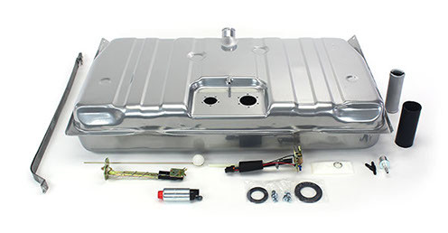 These conversion fuel tanks solve the problem of supplying your new LS engine with a steady flow of fuel. The tanks, made specifically for your car, feature a recessed area in the top for the fuel pump module and sending unit, so no floor modifications are needed for clearance. They have an innovative baffling system inside to control fuel slosh and keep the pump fed even at low fuel levels and extreme driving conditions. They are galvanized steel and powder coated silver for maximum durability. The kit includes a fuel sending unit designed to work with your factory style fuel gauge. The included fuel pump module features an in-tank wiring harness and three ports - one for the feed line, one for the return line, and one for the vent. The kit has two available Walbro fuel pump options. The standard 255 LPH pump or the 400 LPH pump for supercharged or 550+hp applications. The kit also includes tank straps, vent filter, gaskets, and hardware. They look like original equipment from under the car and are absolutely the best way to go when converting to EFI.