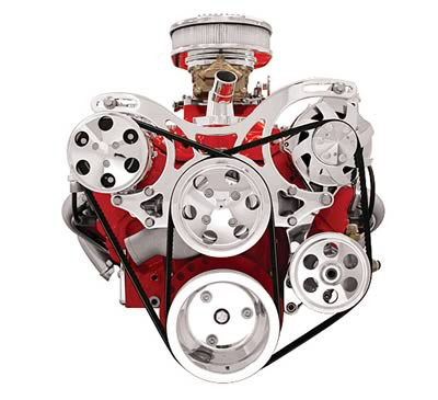 V-Trac Pulley Systems

* Billet aluminum air conditioning compressor manifold
* New polished Sanden SD-7 air conditioning compressor
* Polished billet aluminum compressor clutch cover
* Polished 105 amp 1-wire alternator
* Polished 1-piece billet aluminum alternator pulley and fan with nose cone
* New Edelbrock aluminum water pump
* 12-point ARP polished stainless steel fasteners