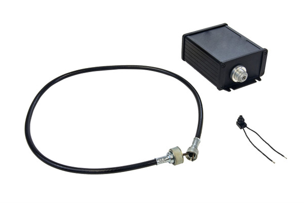 Finally, the missing link between your muscle car’s original, cable-driven speedometer and swapped-in electronic transmission!
Measuring a compact 5” x 4.1” x 2.15”, the new Electronic Cable Drive, allows the use of a mechanical-cable speedometer to be used in conjunction with a modern drivetrain which provides only an electronic output. Supplied with provision for GM Thread-On or Clip-On style cable (cable is 36” in length).
Quiet operation from the powerful motor allows the user to place the module inside the cabin. The case is waterproofed, allowing it to alternatively be mounted under the hood, or even inside a fenderwell. Simple calibration with a remotely-mounted switch means there are no DIP-switches to hassle with; access to ECD module is not required! Industry-standard ‘measured-mile’ calibration as well as speed adjustment while driving, based on a GPS or other known-speedometer reading, keep setup ultra simple.
The adaptor uses PID control of the cable speed to provide quick, smooth operation as well as preventing overdriving or damaging the speedometer needle. Consider this the most precise and easiest to use cable-drive unit on the market!
