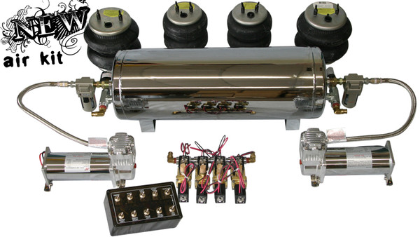 2- ViAir 444 Compressors, 1- 5 Gallon Chrome Tank (4- 1⁄2 Port), 8- 1way 3/8 SMC Valves, 1- 10 Switch Pre-wired Box,
2- Glass Water Traps, 1- Single Needle Pressure Gauge, 2- 5 Wire Locking Socket, 1- 16 Gauge Fuse Holder, 1- 5 Amp Fuse, 4- Air Bags, All Fittings and 60ft. Air Line.