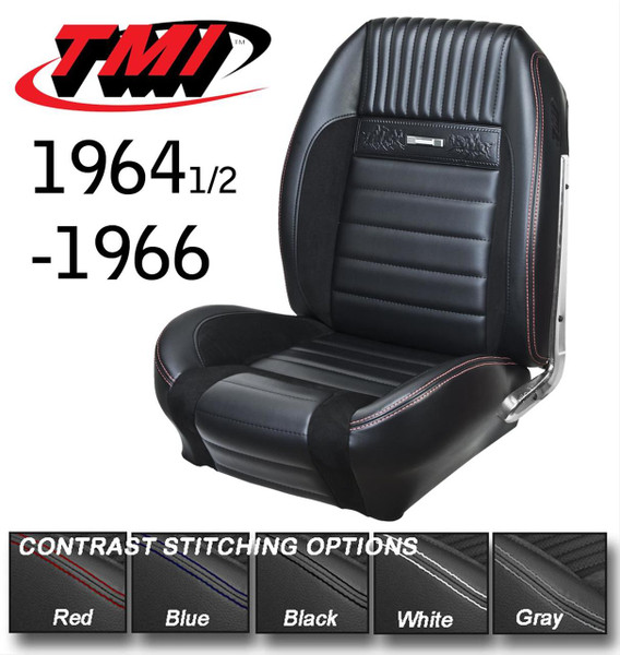 Front Seat Type:
Bucket  
64-67 Mustang

Rear Seat Type:
Bench  


Cover Material:
Vinyl  


Cover Color:
Black  


Quantity:
Sold as a set.  


Notes:
Features black suede inserts and red stitching.  

TMI Deluxe Pony Sport R seat upholstery will make your heart gallop with excitement! The feel and look of premium vinyl with UniSuede inserts, contrasting stitching, the "running ponies," and die-cast chrome plated seat buttons offer your beautiful classic Mustang modern, aggressive styling and comfort. These seats feature increased side and leg bolsters (foam required) that complete the ultra-sporty appeal of this upholstery. It fits on the factory frame and utilizes factory attachment points, so you'll be ready to ride off into the sunset in no time. Choose either front bucket seats or a full set with the back seat included. Give your classic a sporty update with TMI Deluxe Pony Sport R seat upholstery.
