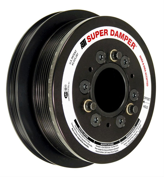 ATI Super Damper Serpentine Series harmonic balancers are patented and feature grooves for serpentine belts machined into the outer damper shell. The dampers come with six outer grooves for standard OEM drive systems—but eight and 10 grooves are available for supercharger or turbo applications. Serpentine dampers are offered in a variety of diameters, and crank hubs may be fitted with a 6-groove serpentine pulley to drive external oil pumps or vehicle accessories. The Serpentine Series Super Dampers fit all ATI GM-front crank hubs and can be adapted to many engine combinations, providing maximum flexibility. They're available in steel or lightweight, hardcoated aluminum. 

Features and benefits:

* Eliminates torsional crankshaft vibrations
* Exceeds SFI 18.1 specs
* Black zinc chromate finished
* Tunable, rebuildable, and extremely efficient at all rpms
* Laser-engraved 360 degree timing marks