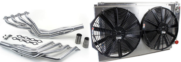 Long tube ceramic coated headers, good for 600+ HP. Radiator & Cooling Fans. The complete package that you need to finish that build immediately. Headers come complete with gaskets, o2 bungs, and collectors as pictured. Radiator has fans, aluminum finish and is definitely a sight for sore eyes. Make your engine bay with this combo!
