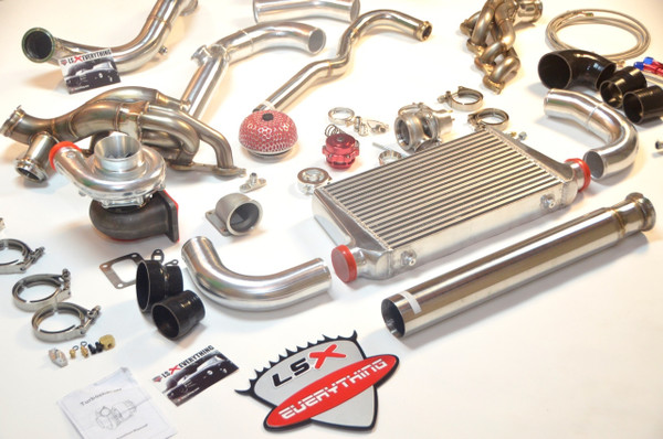 Big T76 Turbo, Good For 600 WHP to the Wheel. 3" Turbo Downpipe LSx Turbo Kit for S13/S14/240SX

It Is A Simple Setup for Drifters Who Want Big Power, Comes with Many Innovative Features:
1. Keeps Radiator at Stock Location.
2. Use A Patented Twin 2.5" to T4 Cast Merge Collector, Provides the Best Flow for Turbo Spooling. 
3. Support Big T4 Turbo (We Used T76 Turbo for This Setup), Up to 600 WHP
4. Support Dual 44MM Vband Wastegate


Product Being Sold:
T76 Turbo, Manifolds, Downpipes & Wastegate

Product Info and Spec:
Turbo and Wastegates:
- 4" Air Inlet, 2.5" Compressed Air Outlet
- Standard T4 Flange
- 76mm Wheel Compressor
- P Trim .96 A/R Turbine
- 3" V-band Hot Side
- 44mm Wastegate 8 PSI (2 pcs)

Manifolds:
- High Flow Mandrel Bent Runners
- 2.5" Cross Pipe
- Supports T4 Turbo
- Supports Dual 44mm Wastegate
- Twin 2.5" to T4 Cast Merge Collector Provides The Best Exhaust Flow

Downpipe:
- 3" Vband Connects to Turbo
- 3" Stainless Steel Downpipe
- Downpipe Ends Somewhere Close to the Transmission End
- You Will Need to Come Up with The Rest Of the Exhaust System

Item Inclueded:
-T76 Turbo x1
-Turbo Manifold Downpipe Kit x1
-44MM 8Psi V Band Wastegate x2
-Oil Filter Sandwich and Oil Line Kit x1
-Air Filter x1
-Set of Vband Clamp x1
-Twin 2.5" to T4 Elbow Adapter x1
