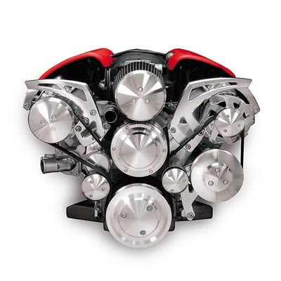 This Chevy LS air conditioning serpentine kits offer an exciting new look when mounting an accessory drive in your vehicle. A separate bracket allows for the option of power steering, while two separate idlers guarantee the ultimate in belt-to-pulley contact area for"no-slip" operation. The serpentine kits are completely CNC-machined from solid billet 6061-T6 aluminum. This translates into a spectacular new-machine finish with a perfect fit and extra strength. The pulleys and brackets are maintenance-free and are powdercoated for extra durability.
